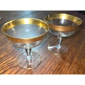 Vintage Double Band 24k Gold Encrusted 4.25” Crystal Cocktail Glasses (2)